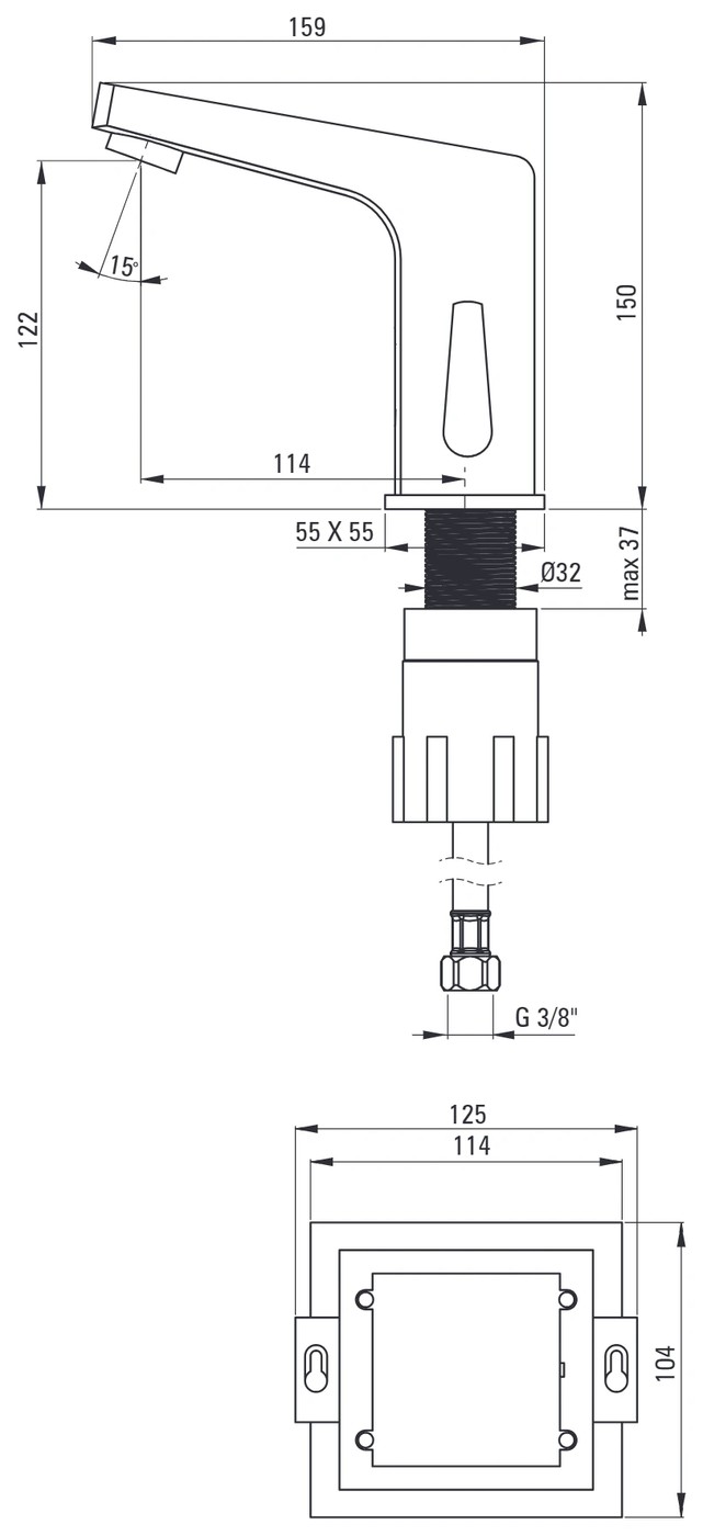 Deante SENSOR - Mosdó csaptelep, érintés nélküli, hőmérséklet állítással - 230/6V - króm – műszaki rajz