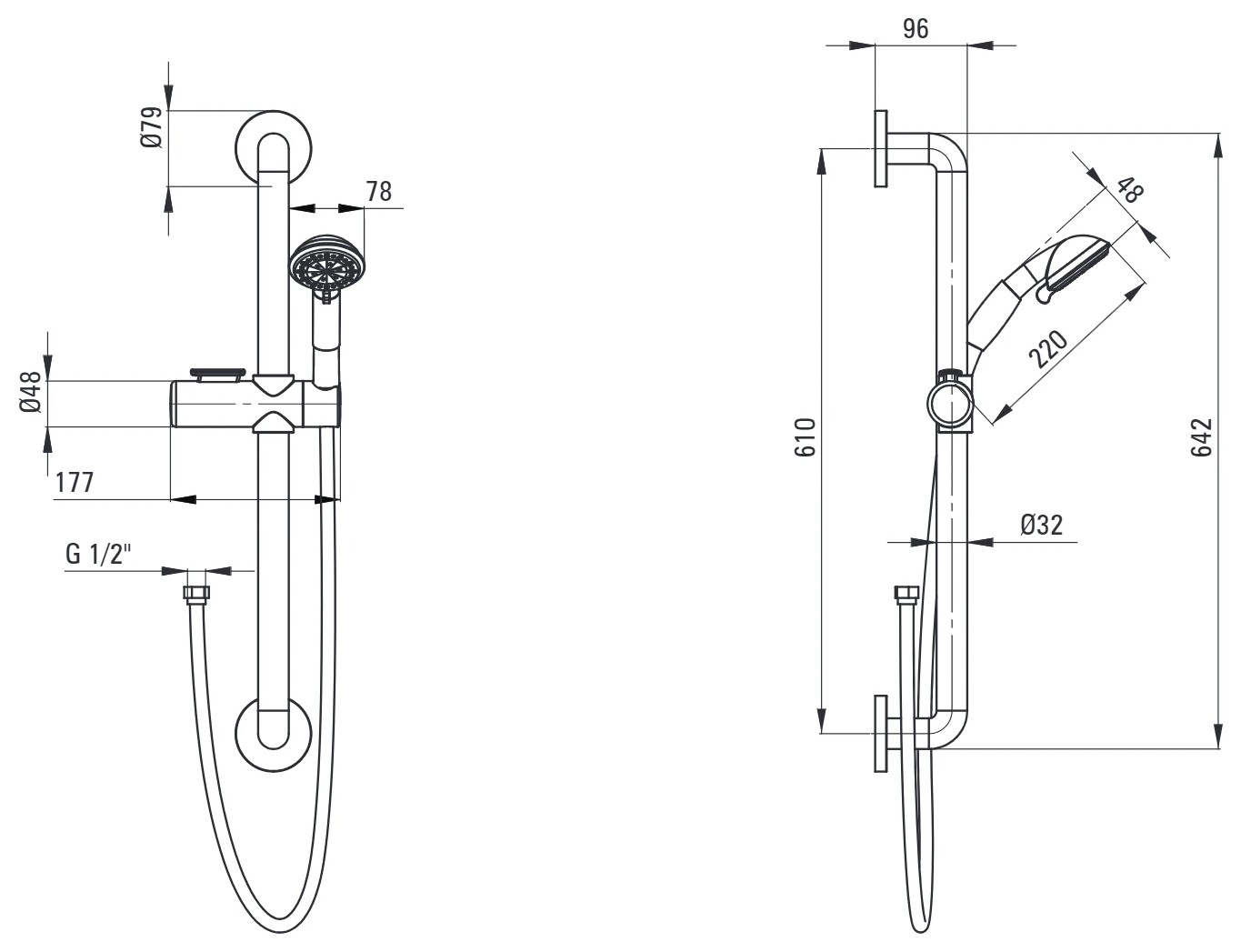 VITAL 3-FUNCTION SHOWER SET – műszaki rajz