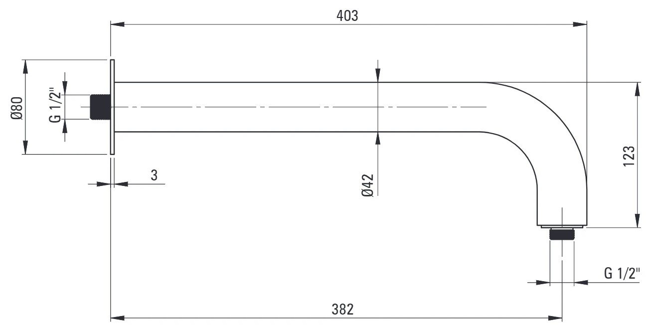 SILIA - Zuhany kifolyócső, fal - 380 mm - szálcsiszolt acél – műszaki rajz