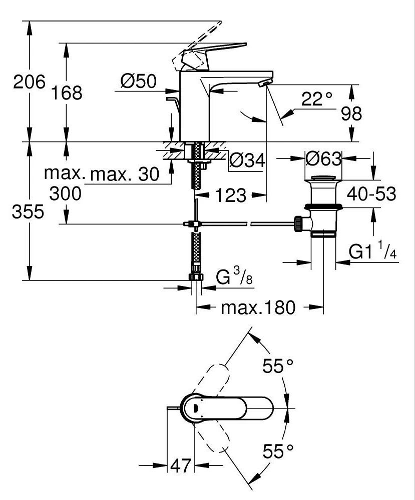 Grohe Eurosmart Cosmopolitan "M" mosdócsap, leeresztővel – műszaki rajz