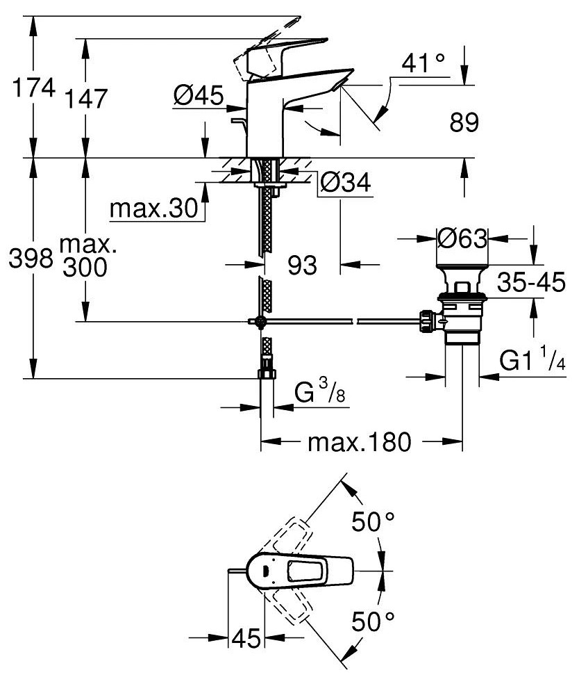 Grohe BauLoop egykaros mosdócsaptelep S-es méret 23335001 – műszaki rajz