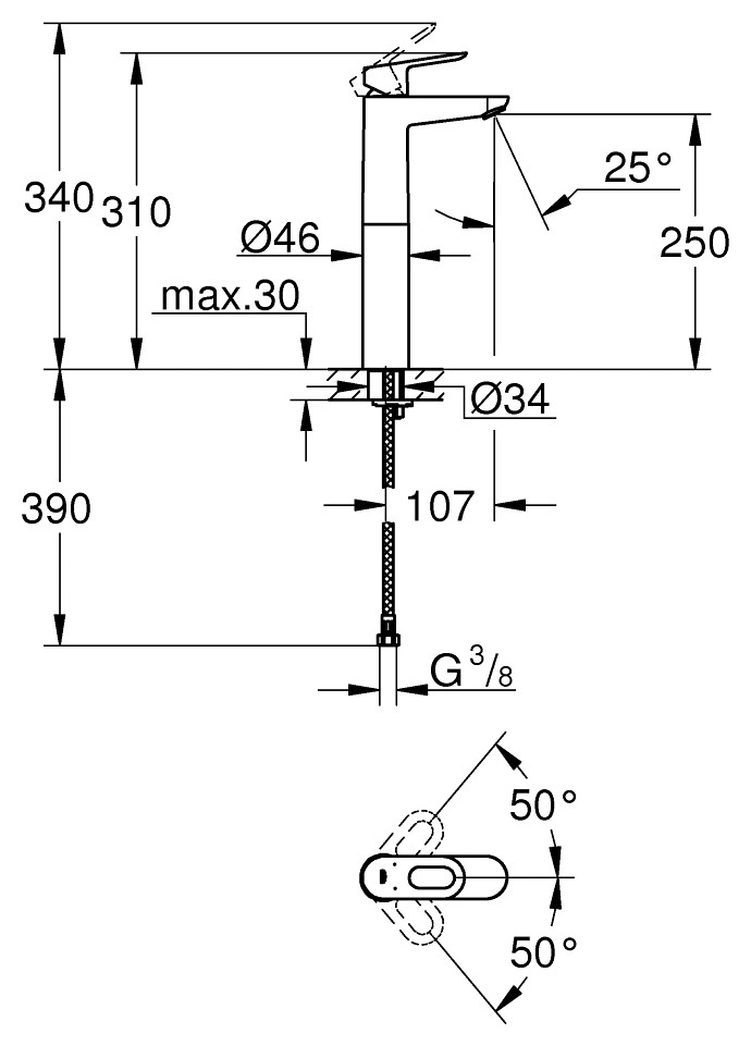 Grohe Bauloop "XL" mosdócsap, szabadonálló mosdóhoz, 250 mm – műszaki rajz