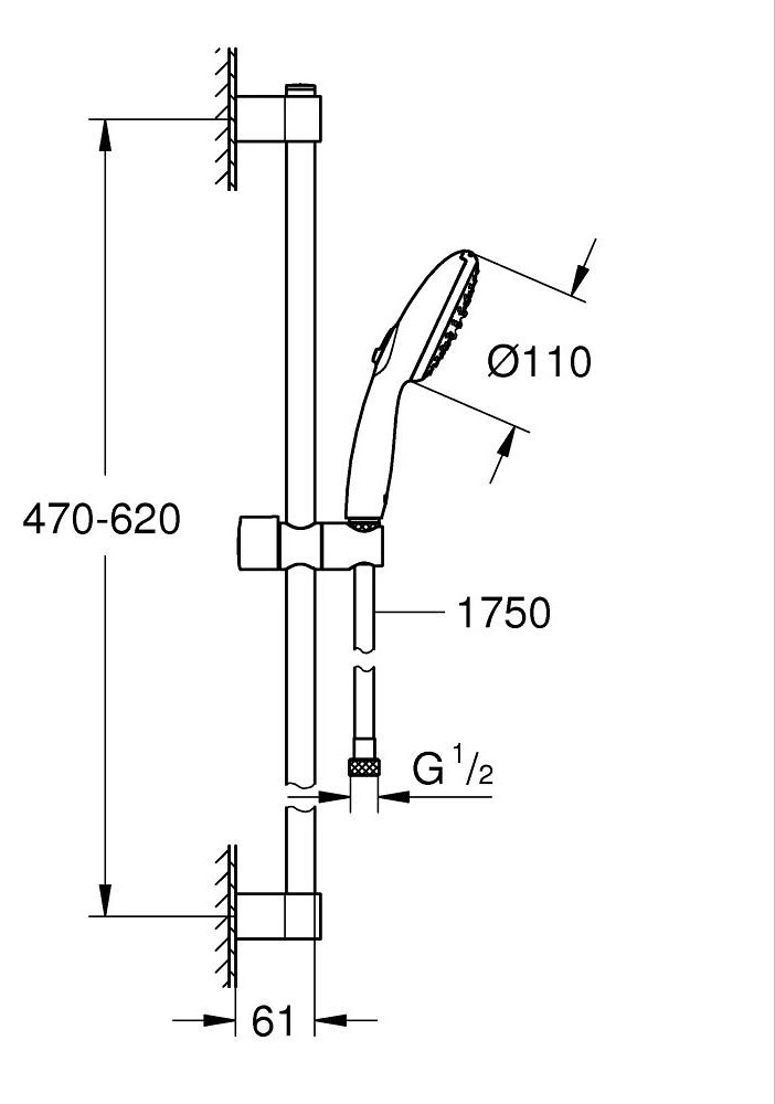 Grohe New Tempesta 100 zuhanygarnitúra, 2 funkciós kézizuhany – műszaki rajz
