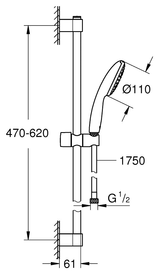 Grohe Tempesta 110 rudas zuhanyszett 1 funkció, króm 27924003 – műszaki rajz