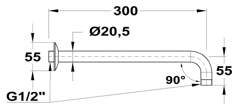 Mofém zuhanykar 90 fok x 300 – műszaki rajz