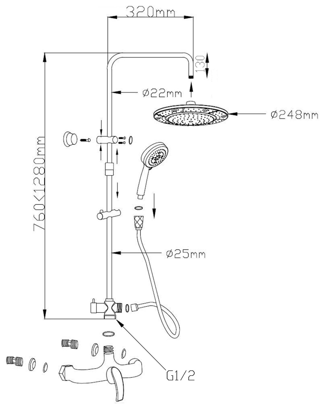 Aqualine KASIOPEA Zuhanyoszlop csapteleppel, magassága 730-1240 mm, bekötés 150 mm, króm (1107-48) – műszaki rajz