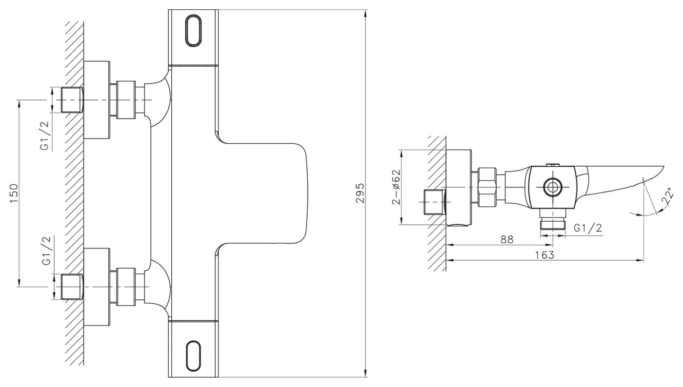 MIXONA fali termosztatikus csaptelep zuhanyszett nélkül, króm (MG410) – műszaki rajz