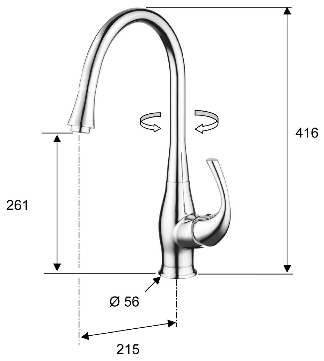 PRIM Mosogató-csaptelep, mag. 38cm, króm (PR21619) – műszaki rajz