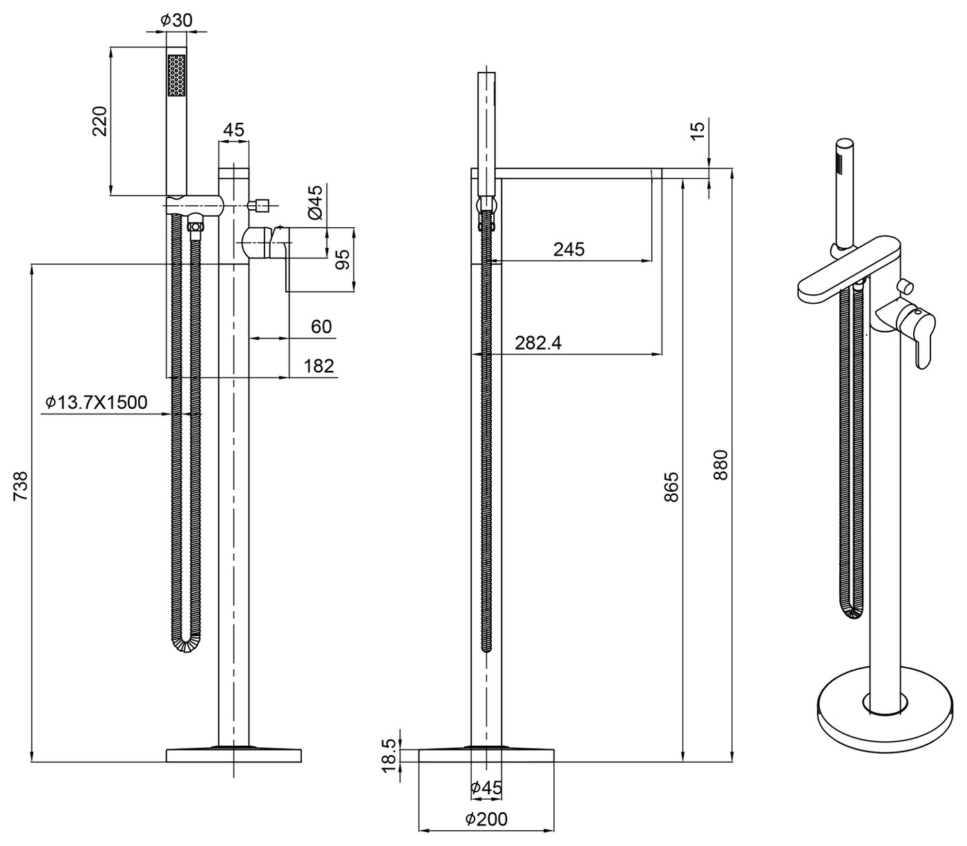 SEMA térben álló kádtöltő csaptelep, 860mm, króm (ZU420) – műszaki rajz