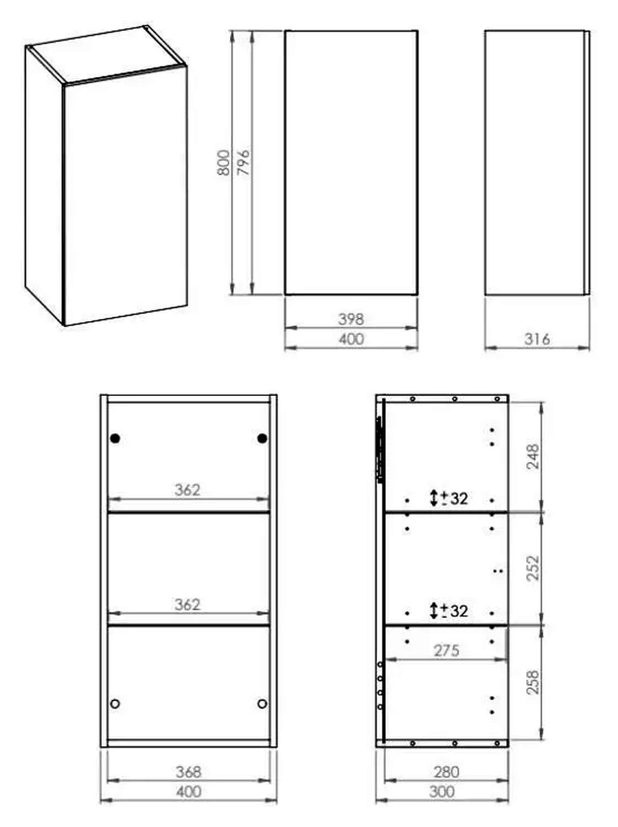 AREZZO design univerzális felsőszekrény bármely modellhez 40 cm-es, 1 ajtós (31,6) mf fekete – műszaki rajz – Felsőszekrény 40 x 80 x 31,6 cm