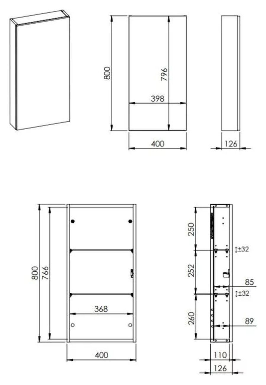 AREZZO design univerzális felsőszekrény bármely modellhez 40 cm-es, 1 ajtós (12,6) mf fekete – műszaki rajz – Univerzális felsőszekrény 40 x 80 x 12,6 cm