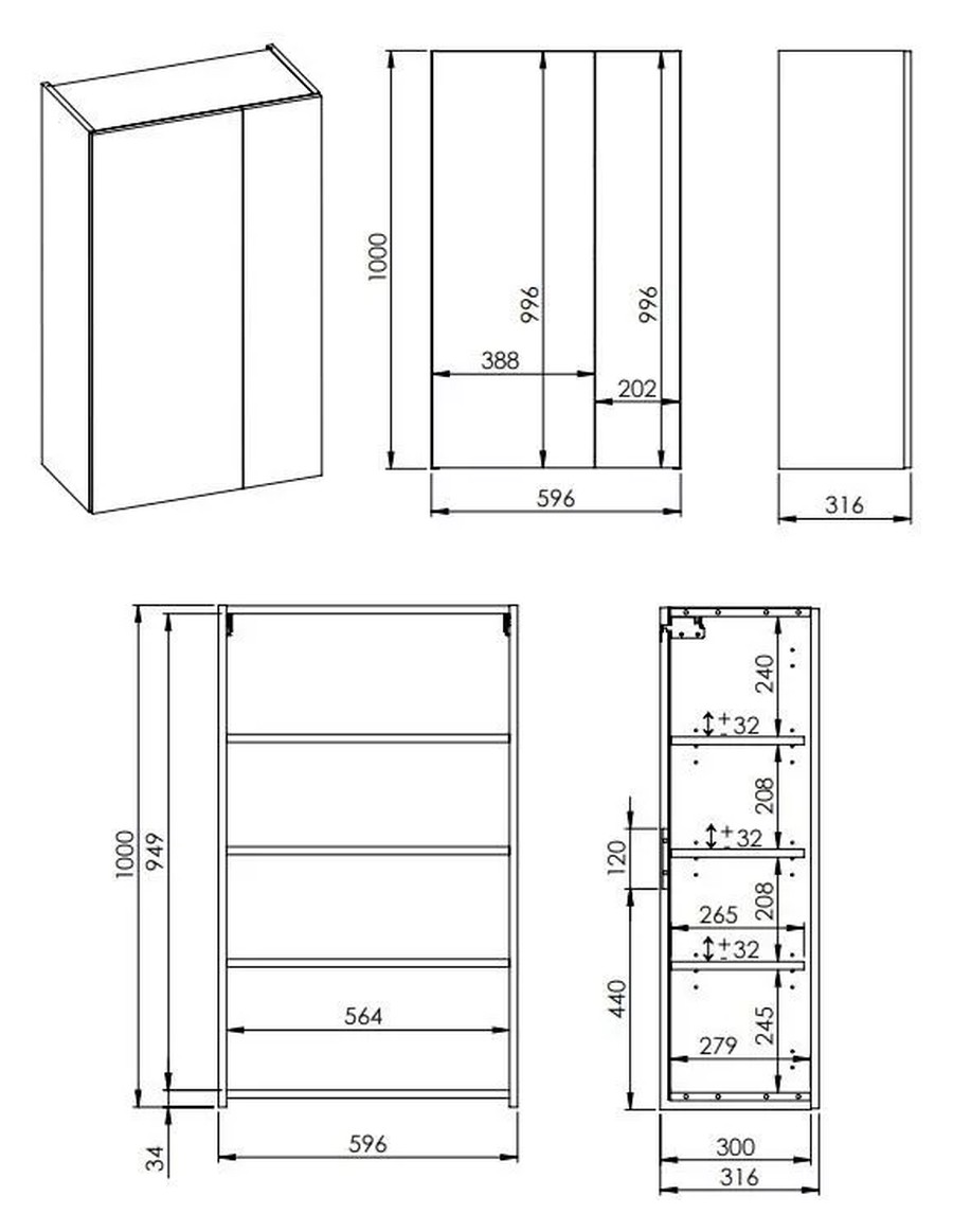 AREZZO design univerzális felsőszekrény bármely modellhez 60 cm-es, 2 ajtós (31,6) mf fekete – műszaki rajz – Univerzális felsőszekrény 60 x 100 x 31,6 cm (2 ajtós)