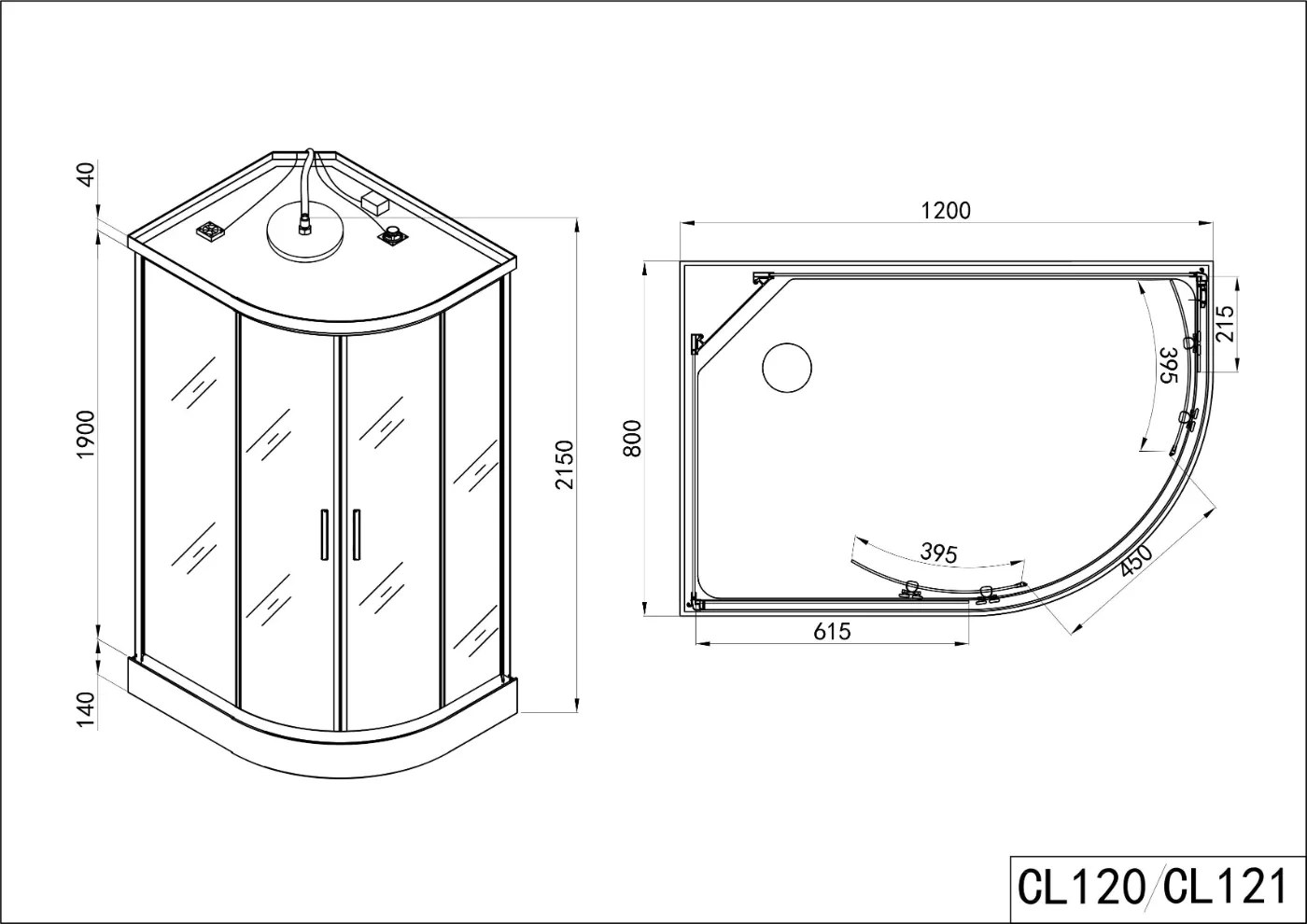 Sanotechnik Vario 120x80 Quick Line hidromasszázs zuhany kabin – műszaki rajz