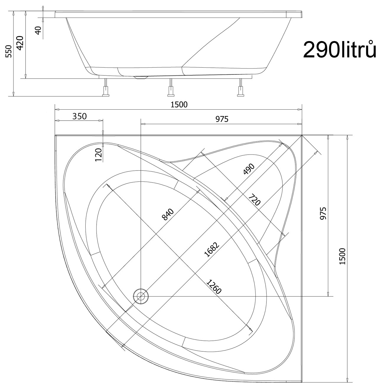 Sapho AQUALINE DYJE sarokkád 150x150 – műszaki rajz