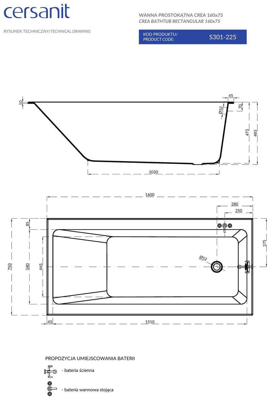 Cersanit Crea 160x75cm-es ovális alakú szabadon álló akril kád – műszaki rajz
