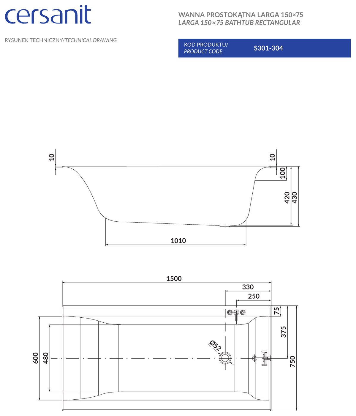 Cersanit Larga egyenes kád 180x80 és további méretekben – műszaki rajz (150x75 cm)
