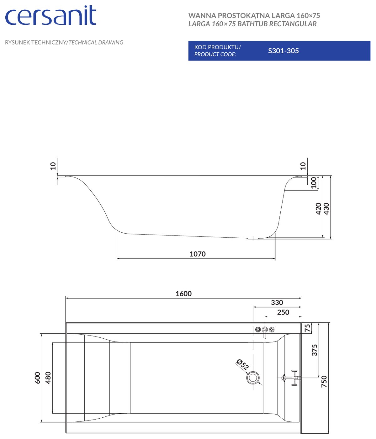 Cersanit Larga egyenes kád 180x80 és további méretekben – műszaki rajz (160x75 cm)