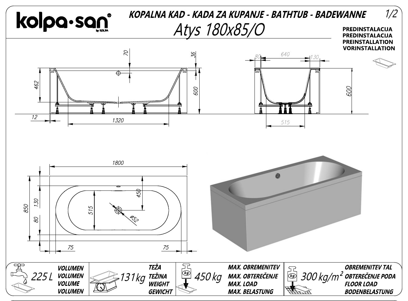 Atys kád 180x85/O – műszaki rajz
