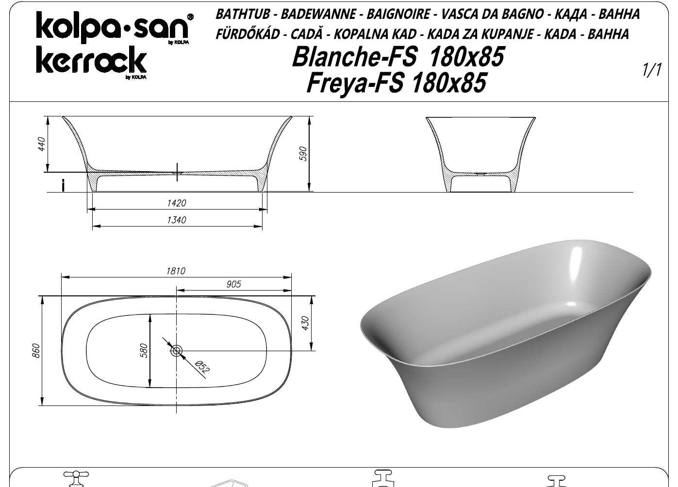 Kolpa San Blanche FS 180x85 térbenálló fürdőkád – műszaki rajz