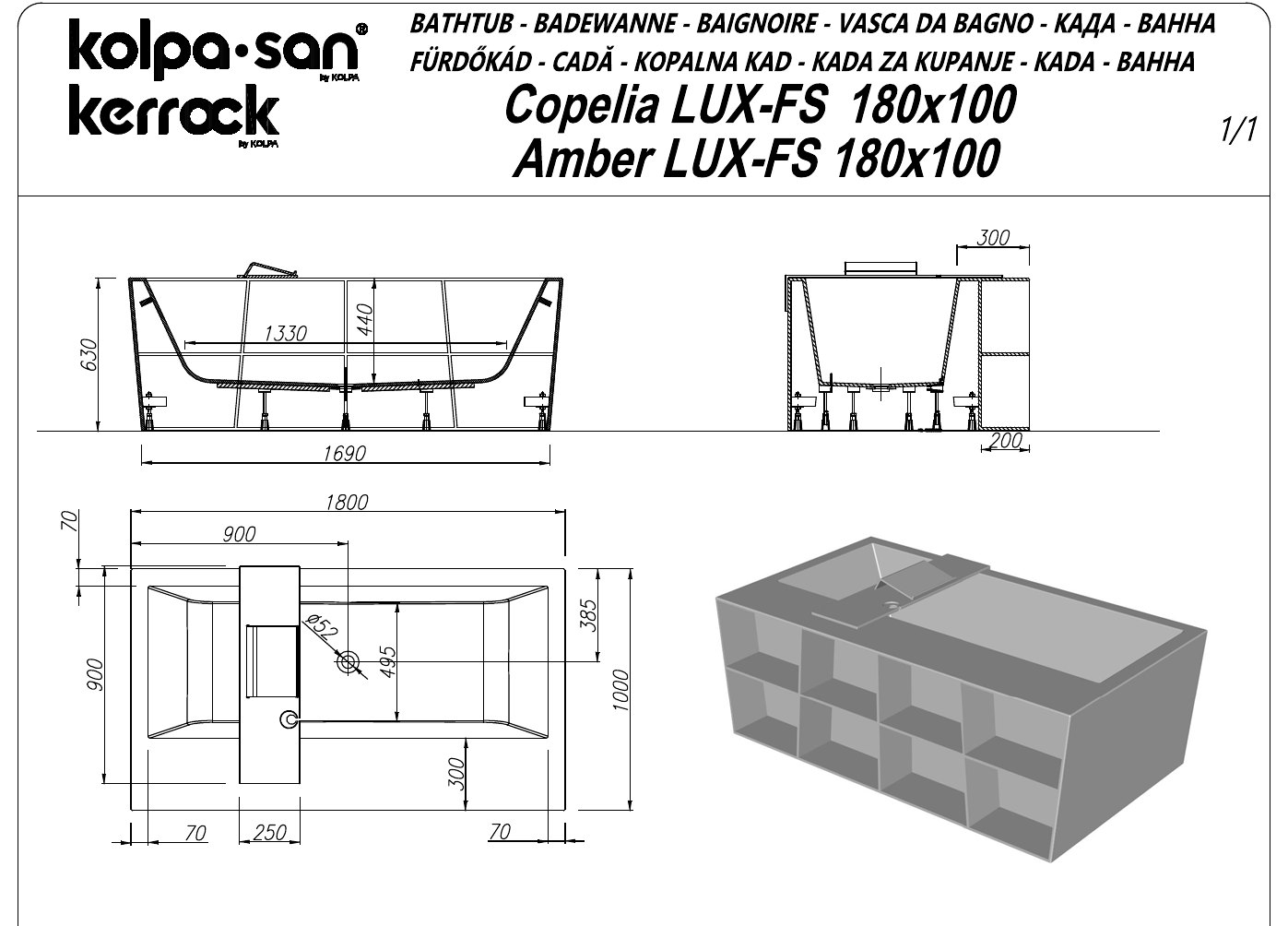 Copelia LUX-FS 180x100 térbenálló fürdőkád, fehér 108 – műszaki rajz