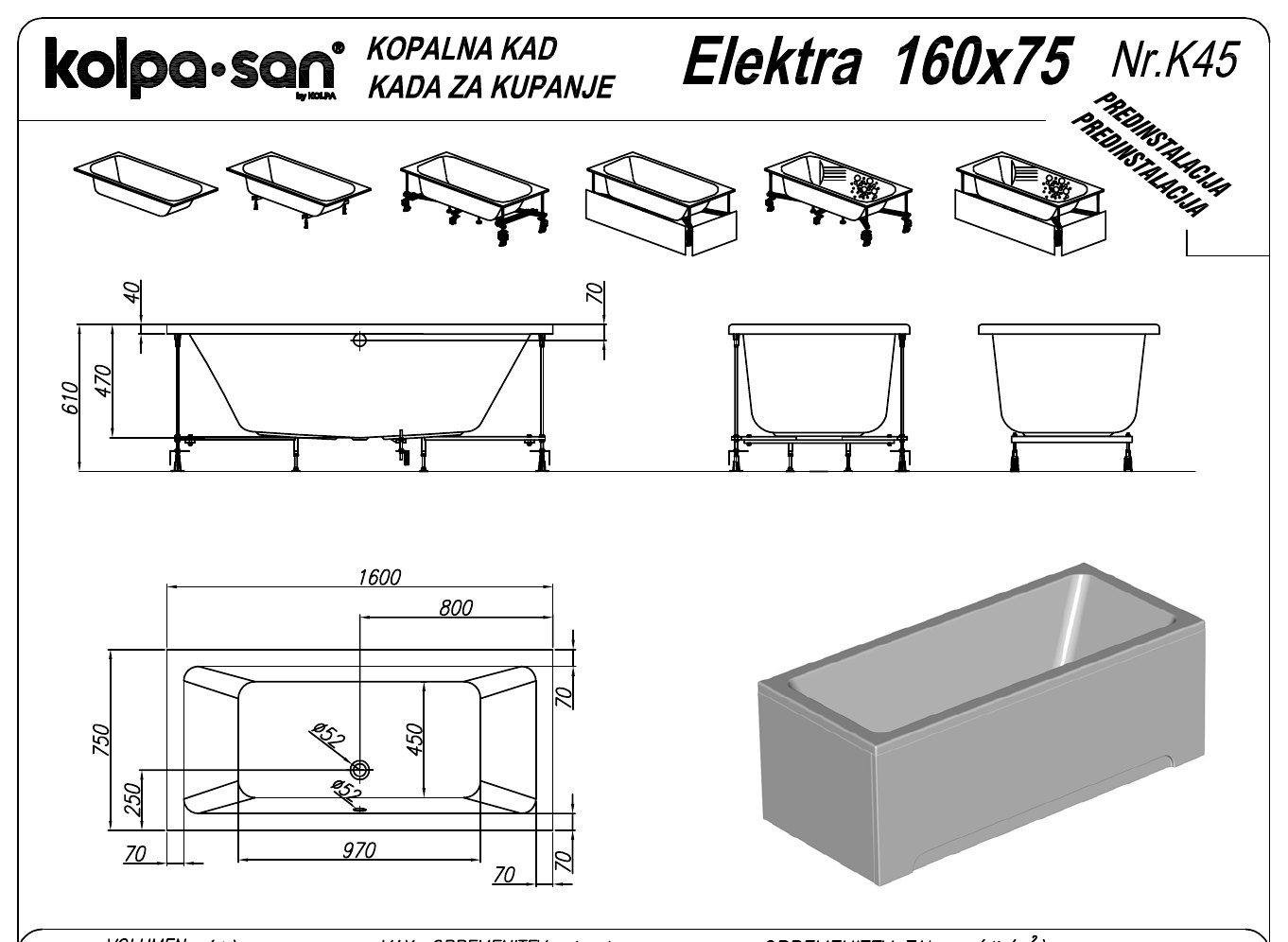 Kolpa-San ELEKTRA akril fürdőkád 180x80 és további méretekben – műszaki rajz (160x75 cm)