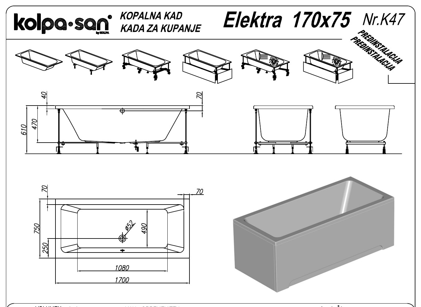 Kolpa-San ELEKTRA akril fürdőkád 180x80 és további méretekben – műszaki rajz (170x75 cm)