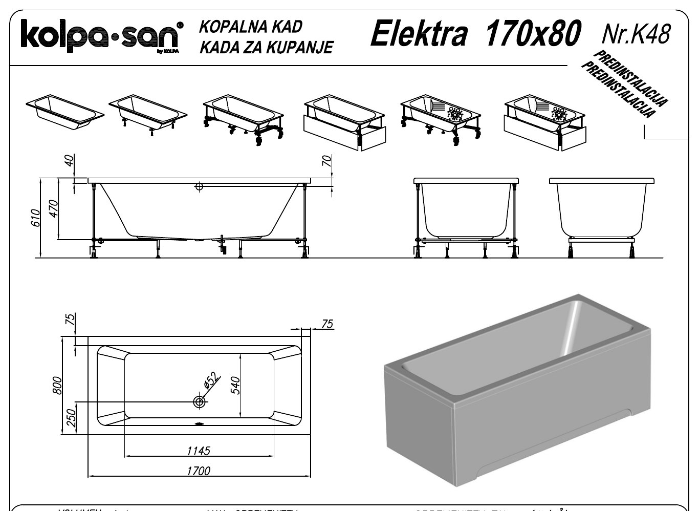 Kolpa-San ELEKTRA akril fürdőkád 180x80 és további méretekben – műszaki rajz (170x80 cm)