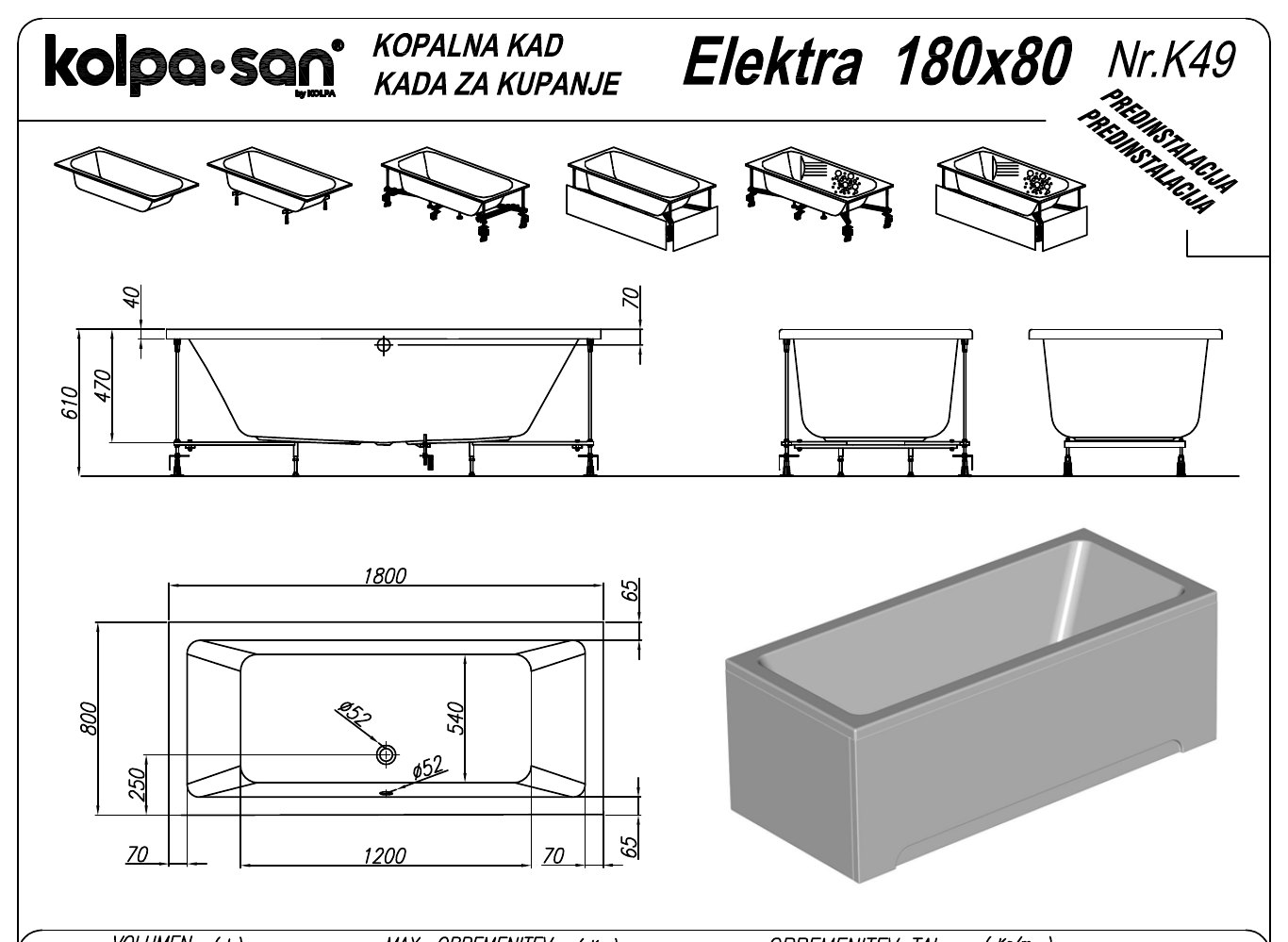 Kolpa-San ELEKTRA akril fürdőkád 180x80 és további méretekben – műszaki rajz (180x80 cm)