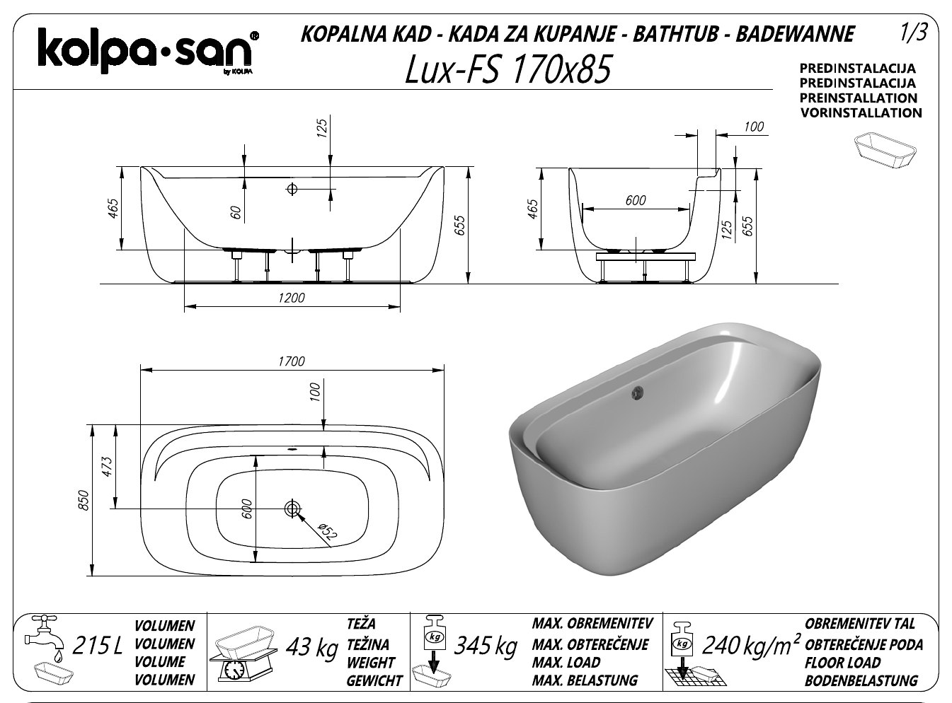Kolpa San Lux-FS 170x85/o fehér szabadon álló fürdőkád, le- és túlfolyóval, a kádtest és az előlap egybeöntve – műszaki rajz