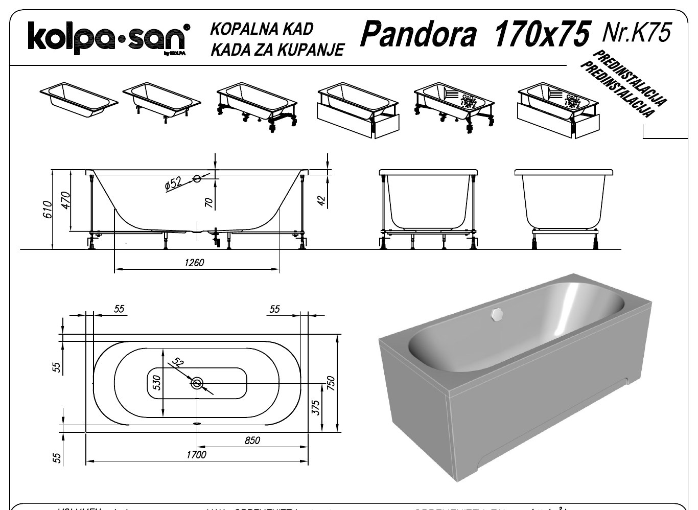 Kolpa-San Pandora akril fürdőkád 180x85 és 170x75 méretben – műszaki rajz (170x75 cm)