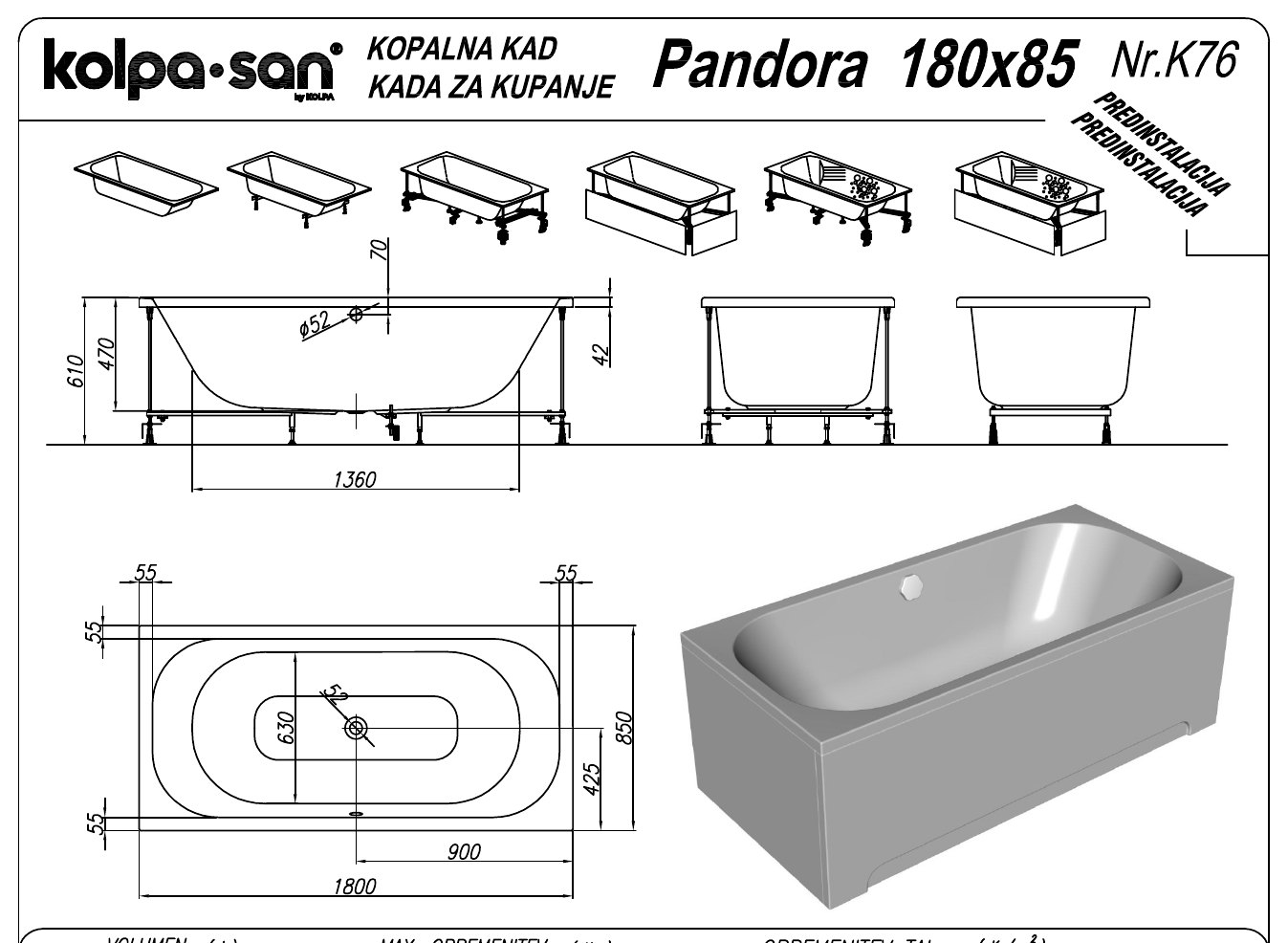 Kolpa-San Pandora akril fürdőkád 180x85 és 170x75 méretben – műszaki rajz (180x85 cm)