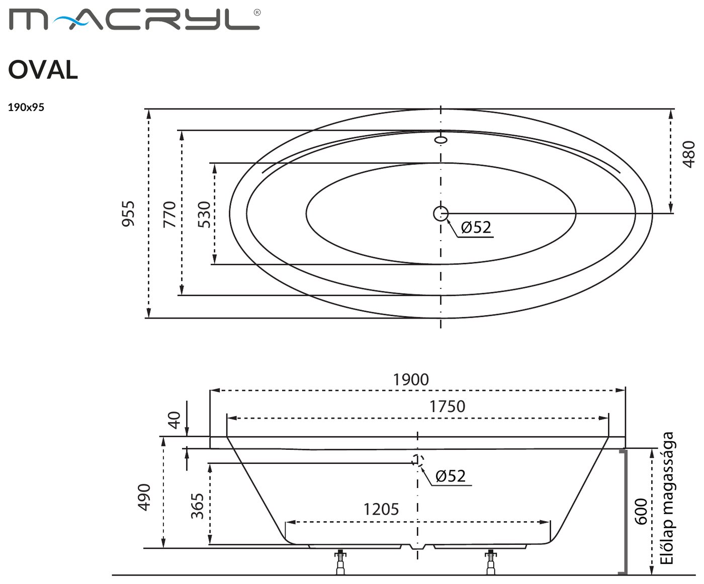 M-acryl OVAL beépíthető kád 190 x 95 – műszaki rajz