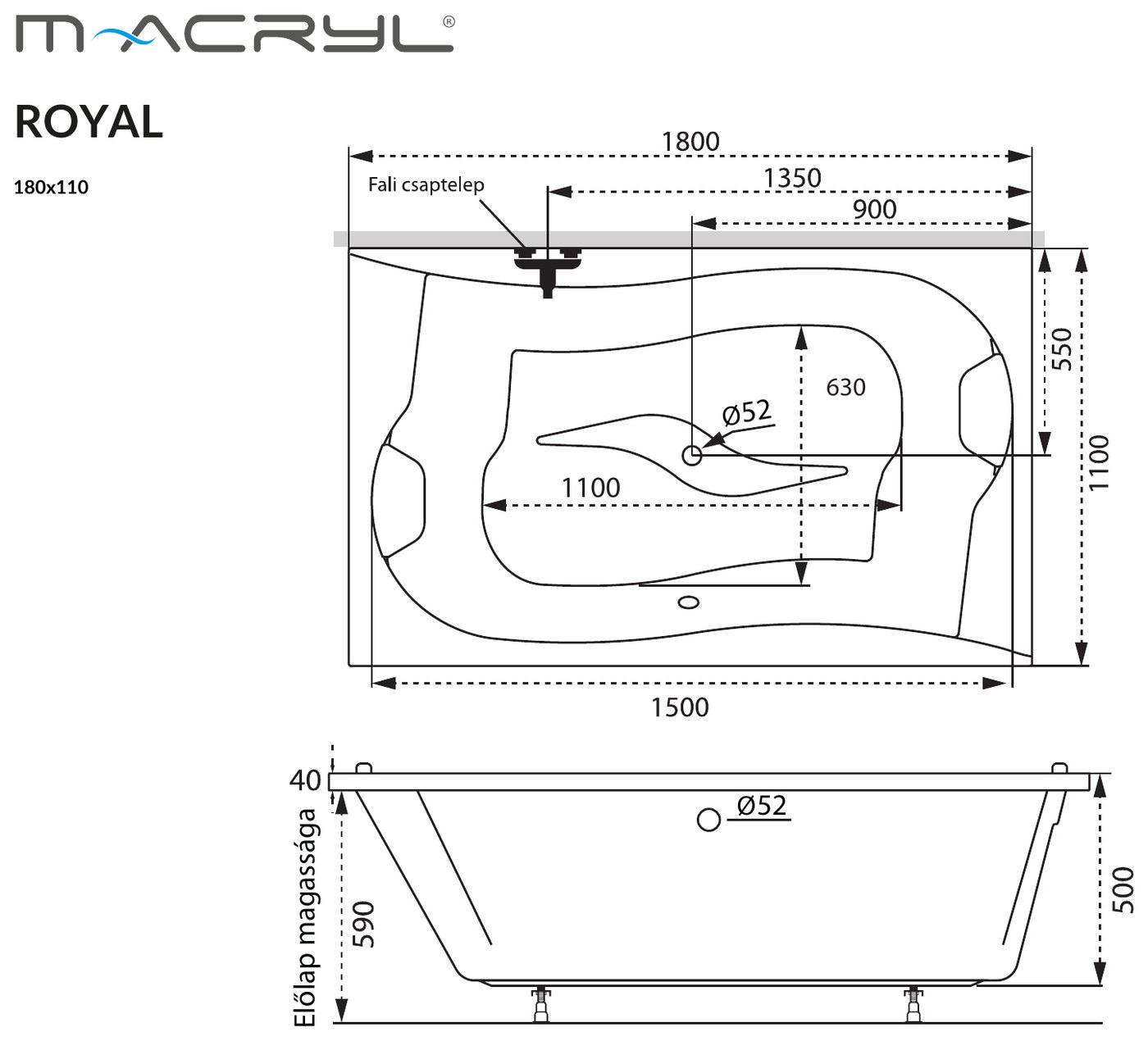 M-Acryl Royal különleges kád 180X110 – műszaki rajz