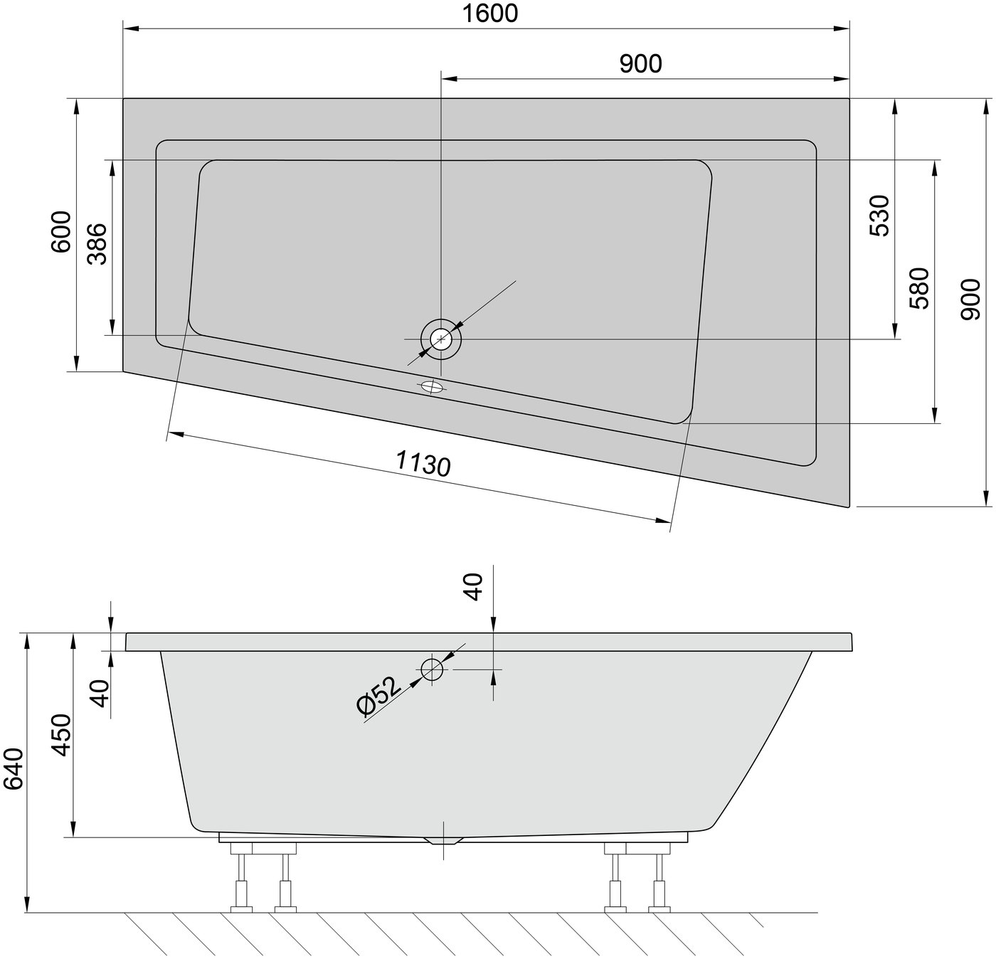 Sapho POLYSAN ANDRA szürke aszimmetrikus kád 170x90 és további méretekben – műszaki rajz (160x90 cm)