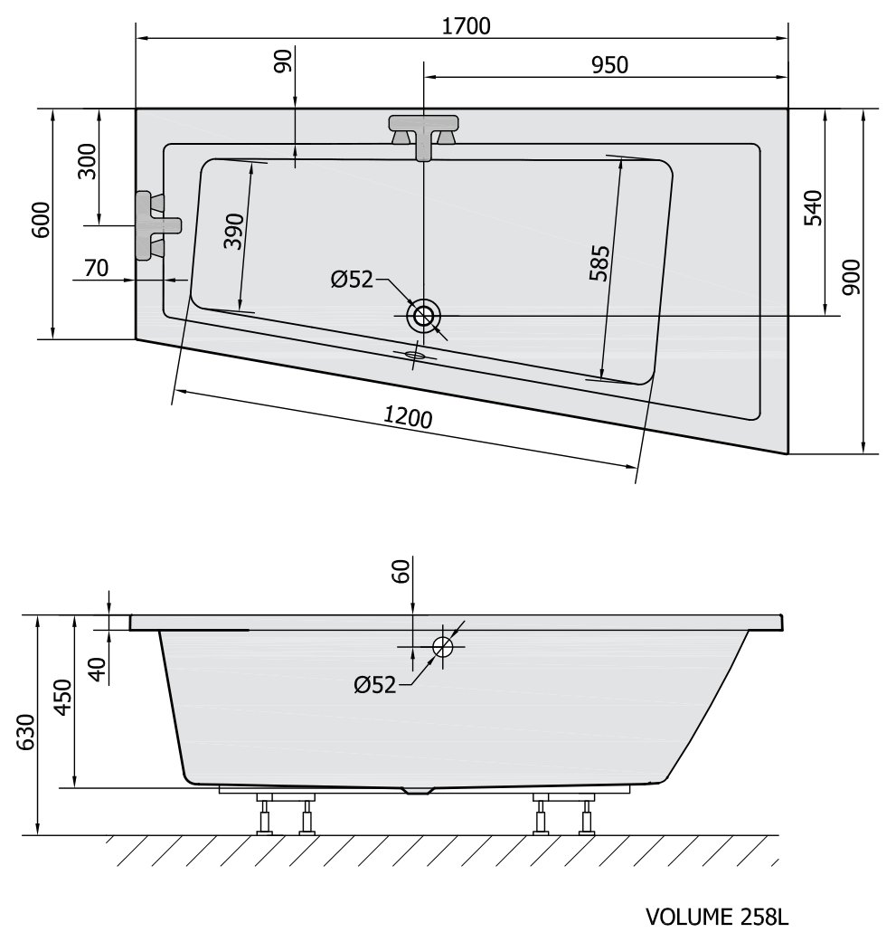 Sapho POLYSAN ANDRA szürke aszimmetrikus kád 170x90 és további méretekben – műszaki rajz (170x90 cm)