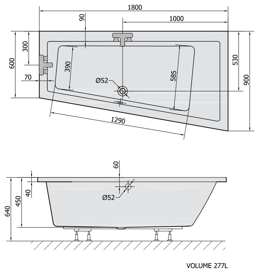 Sapho POLYSAN ANDRA szürke aszimmetrikus kád 170x90 és további méretekben – műszaki rajz (180x90 cm)