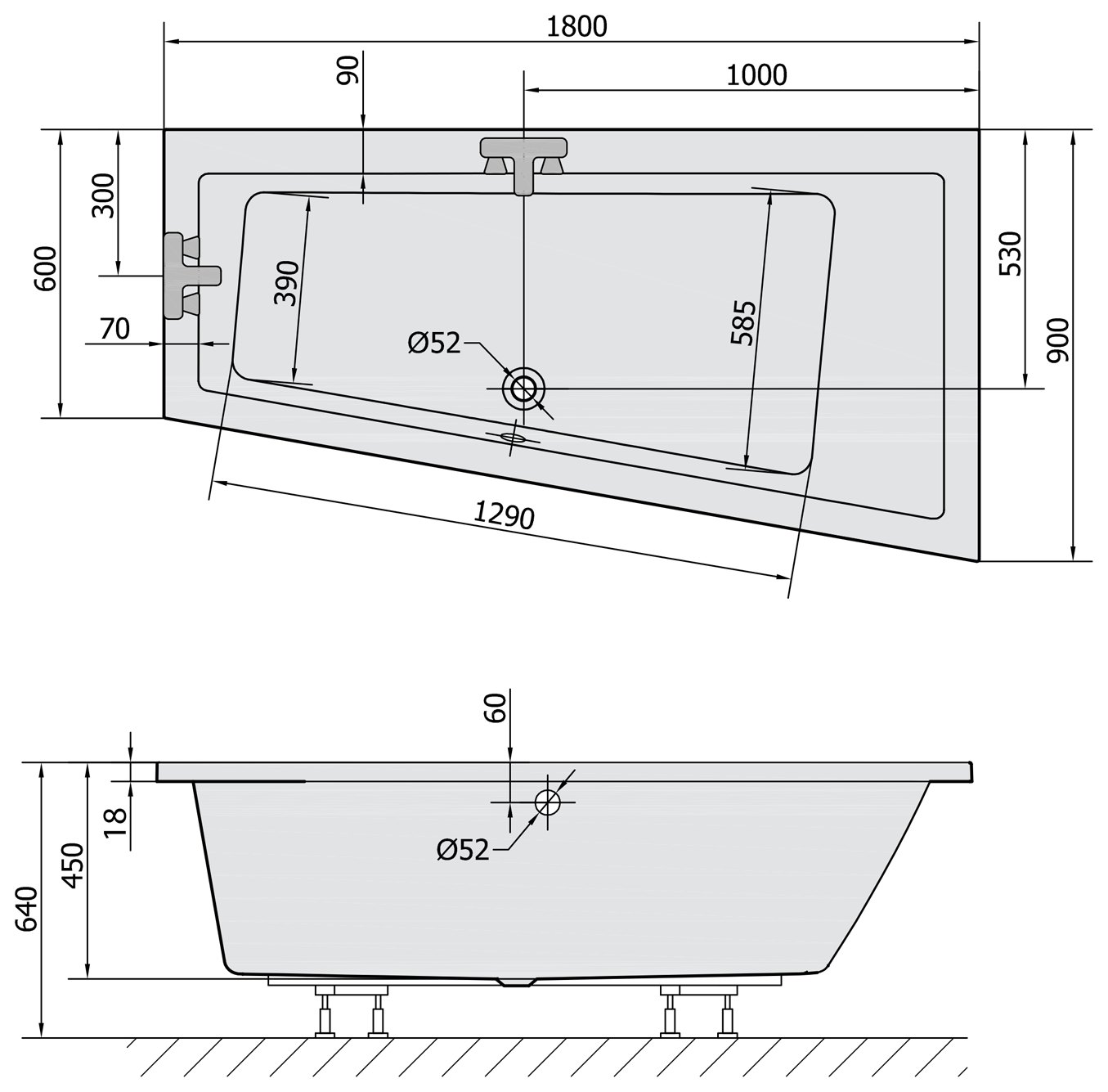 Sapho POLYSAN ANDRA SLIM aszimmetrikus kád – műszaki rajz (180x90 cm)