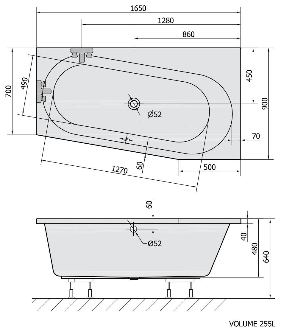 Sapho POLYSAN ASTRA W aszimmetrikus kád 165x90 – műszaki rajz