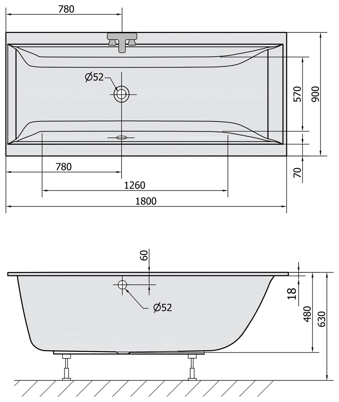 Sapho POLYSAN CLEO SLIM kád 160x70 és további méretekben – műszaki rajz (180x90 cm)