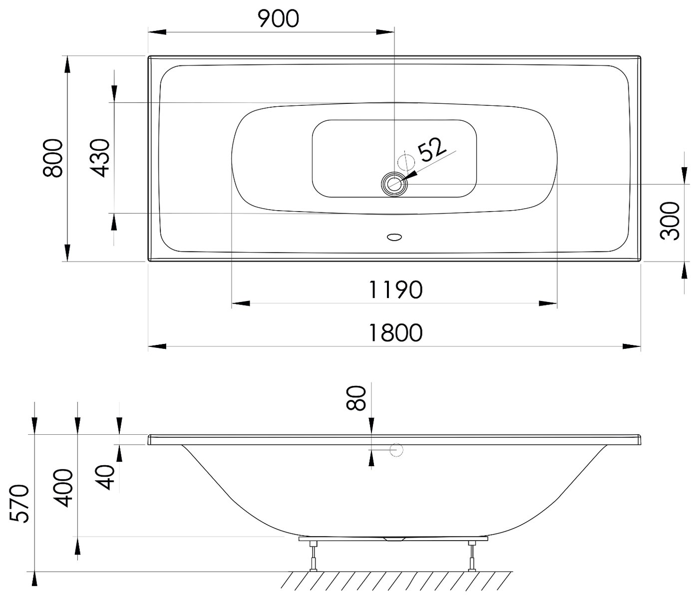 Sapho POLYSAN KALDERA kád 180x80 – műszaki rajz