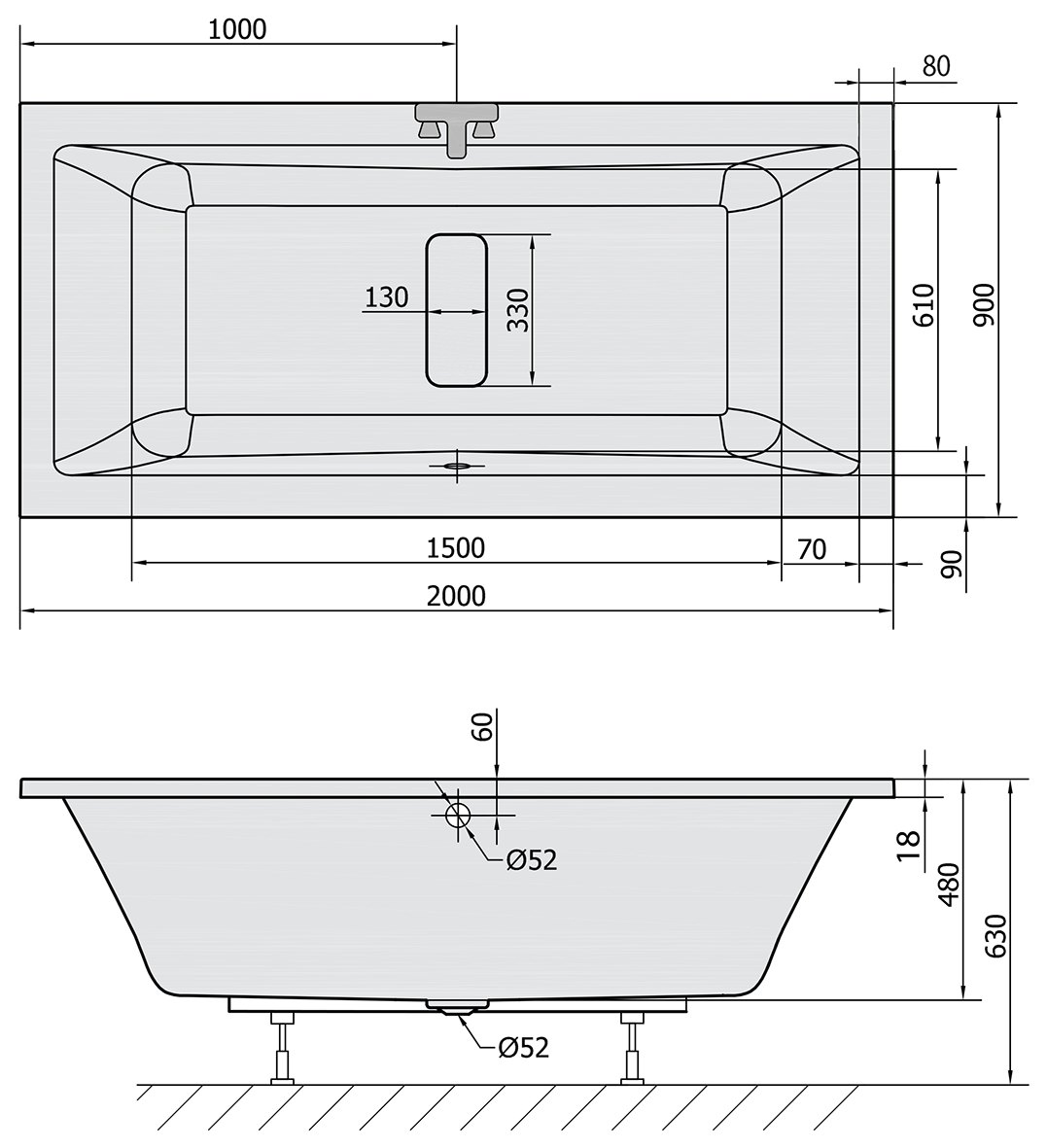 Sapho POLYSAN MARLENE SLIM akril fürdőkád 180x80 és további méretekben – műszaki rajz (200x90 cm)