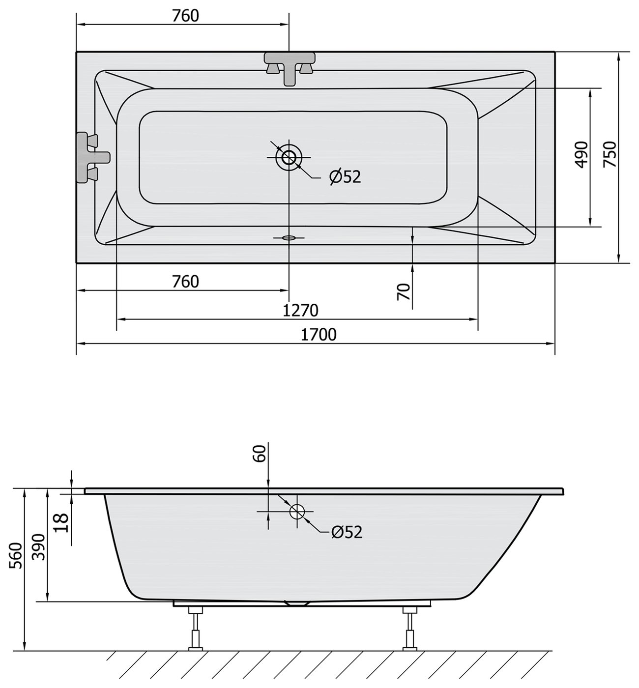 Sapho POLYSAN MIMOA egyenes akril kád 170x75 és 170x80 méretben – műszaki rajz (170x75 cm)