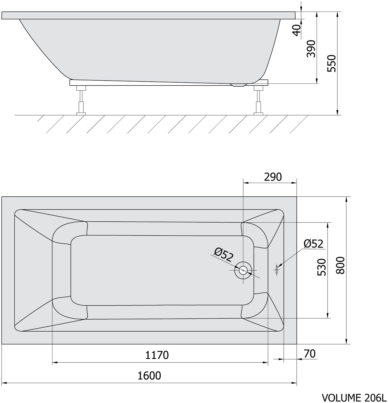 Sapho POLYSAN NOEMI szürke akril kád 170x70 és további méretekben – műszaki rajz (160x80 cm)