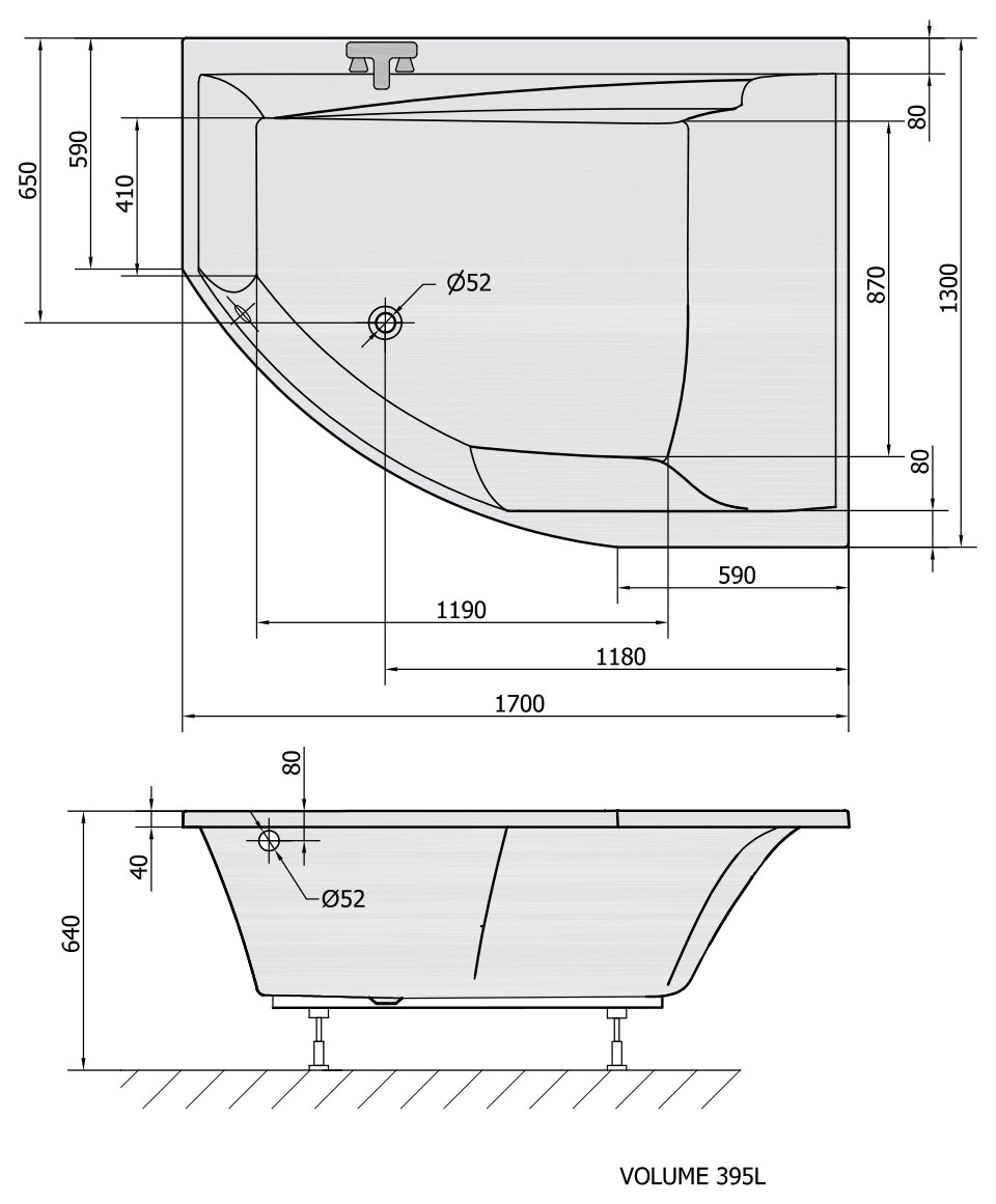 Sapho POLYSAN TANDEM aszimmetrikus kád 170x130 – műszaki rajz