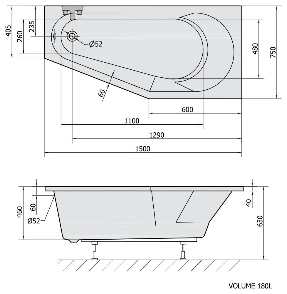 Sapho POLYSAN TIGRA aszimmetrikus kád 170x80 és további méretekben – műszaki rajz (150x75 cm)