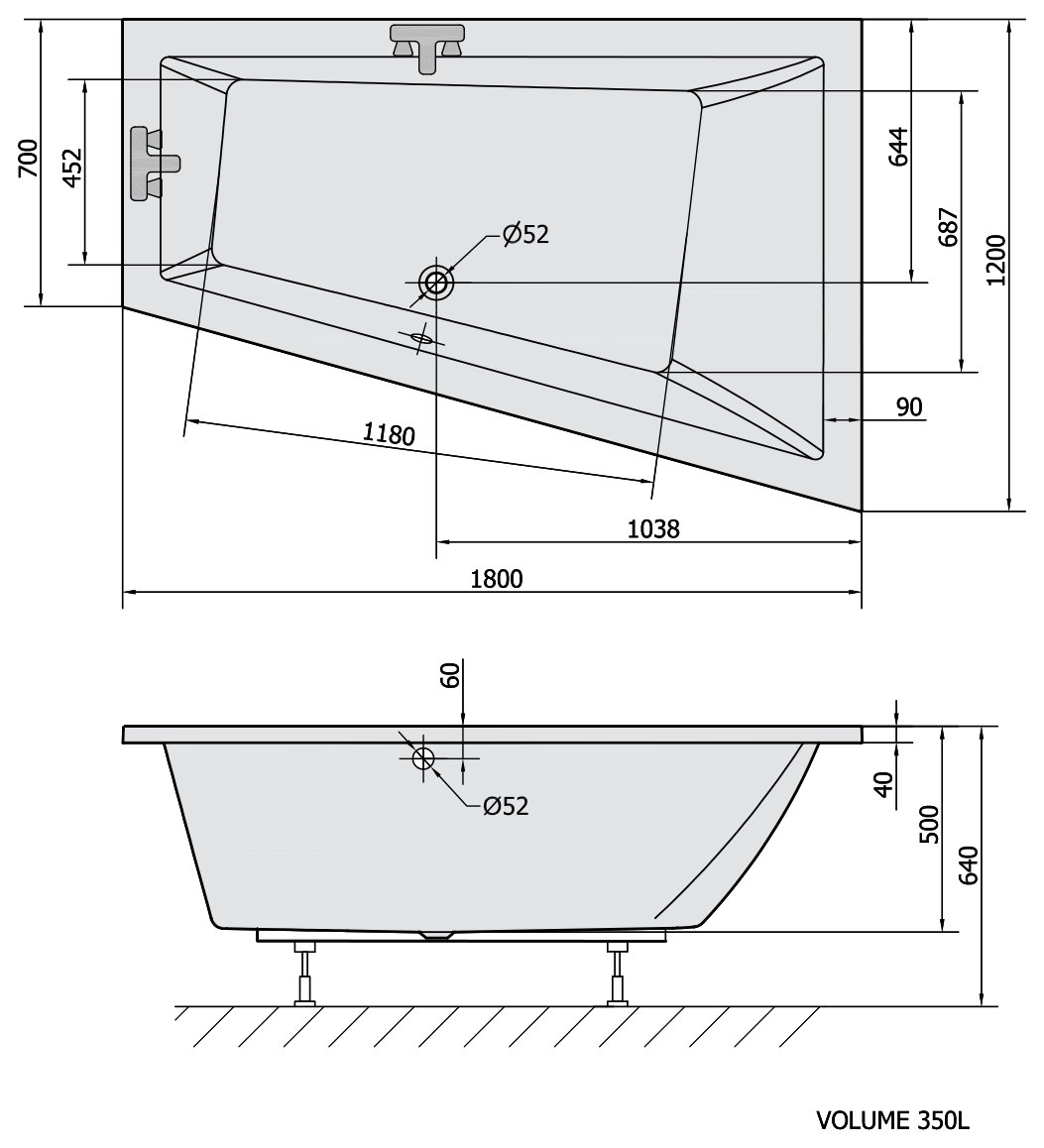 Sapho POLYSAN TRIANGL aszimmetrikus kád 180x120 – műszaki rajz