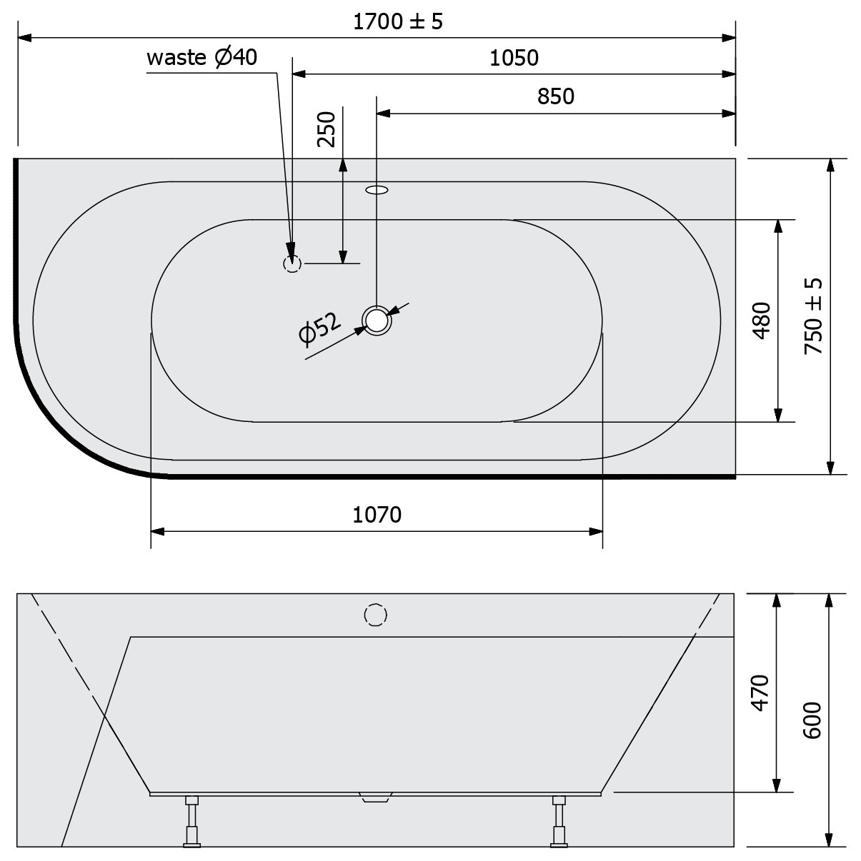 Sapho POLYSAN VIVA MONOLITH fehér/agila aszimmetrikus kád 170x75 és további méretekben – műszaki rajz (170x75 cm)