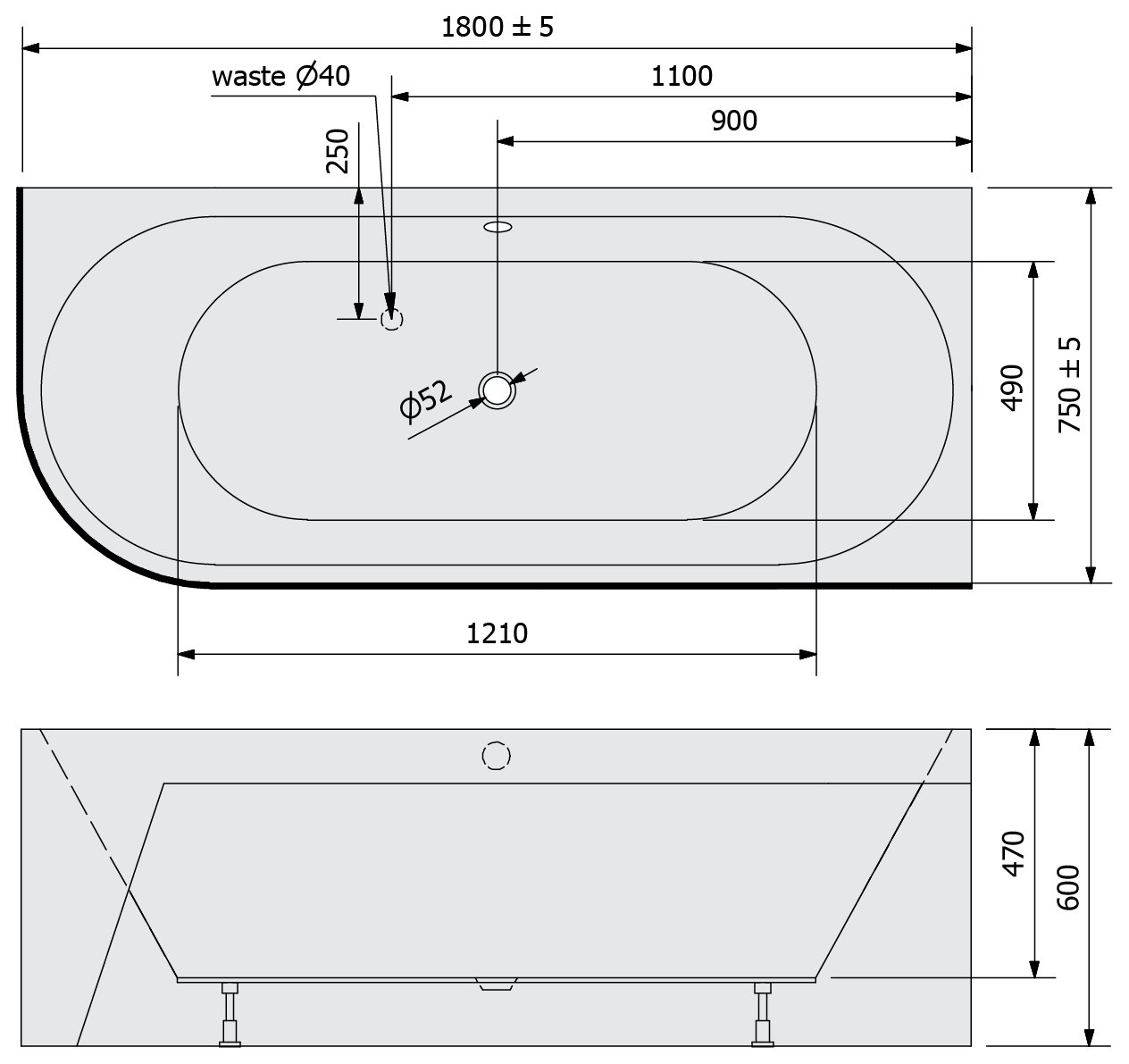 Sapho POLYSAN VIVA MONOLITH fehér/agila aszimmetrikus kád 170x75 és további méretekben – műszaki rajz (180x75 cm)