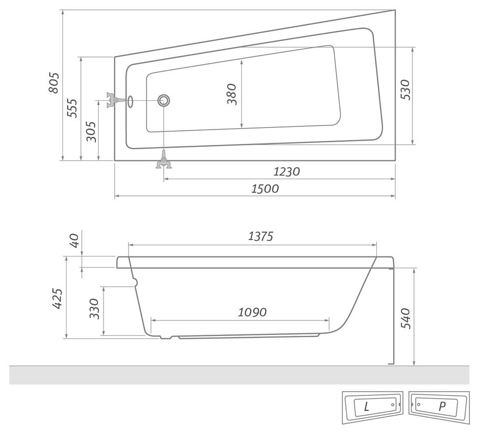 Roltechnik Eva Side aszimmetrikus kád – műszaki rajz