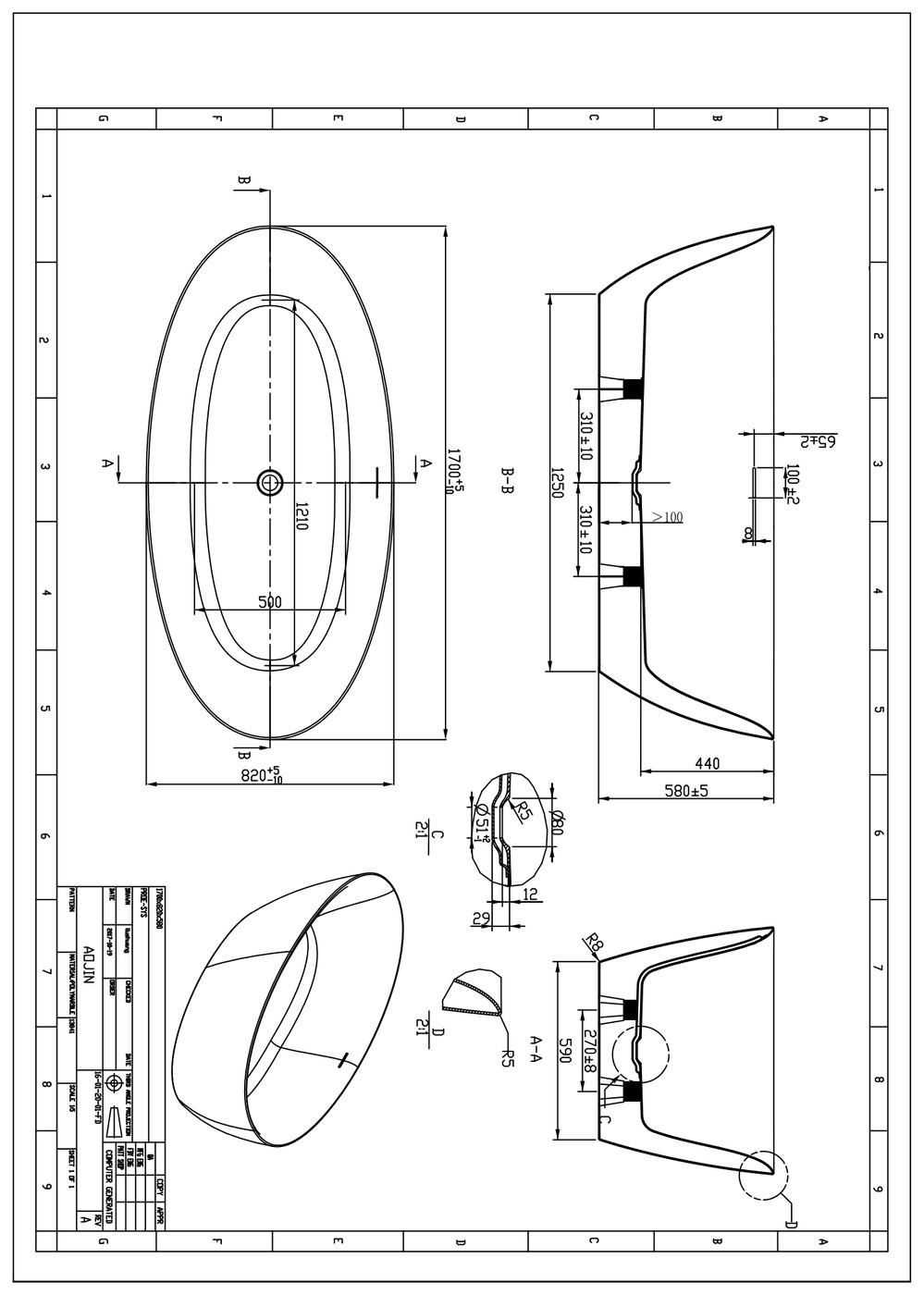Sanotechnik MIAMI szabadon álló fürdőkád (G9027) – műszaki rajz